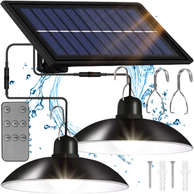 Lampa solarna LED wisząca zestaw 2x Żyrandol Panel solarny Pilot do ogrodu 80W ogrodowa uliczna zewnętrzna czarna