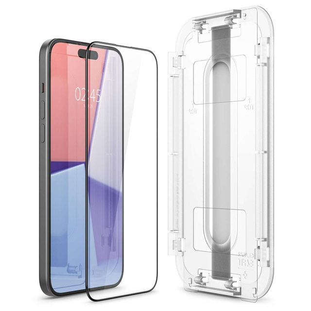 Szkło hartowane do iPhone 15 Plus / 16 Plus Spigen Glas.TR "EZ FIT" przezroczyste z czarną ramką na ekran telefonu