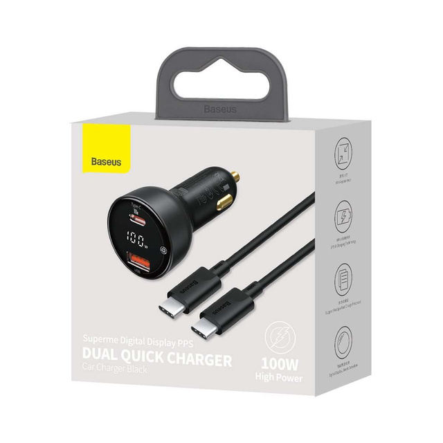 Ładowarka samochodowa Baseus Superme USB, USB-C, 100W + kabel USB-C(czarna)