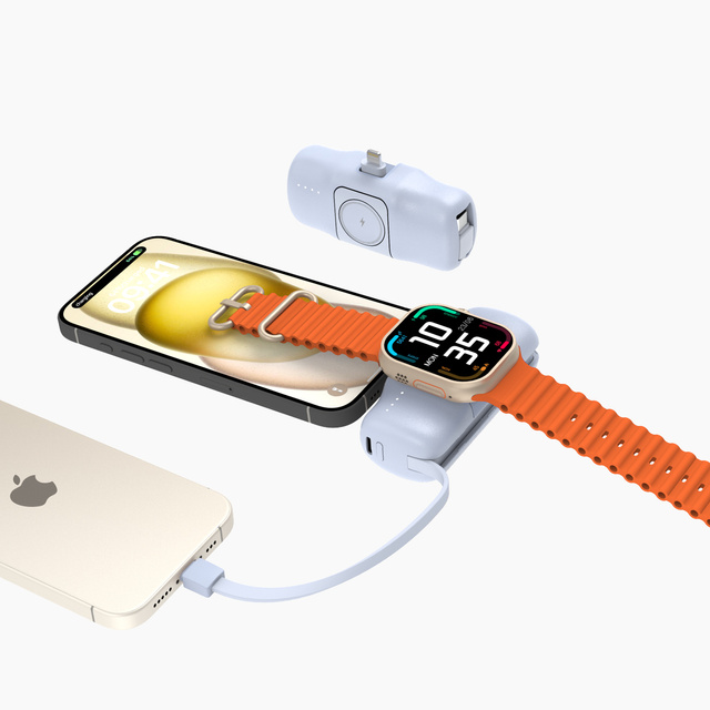 Mini powerbank 5000mAh 15W iPhone Lightning i ładowarką do Apple Watch - niebieski