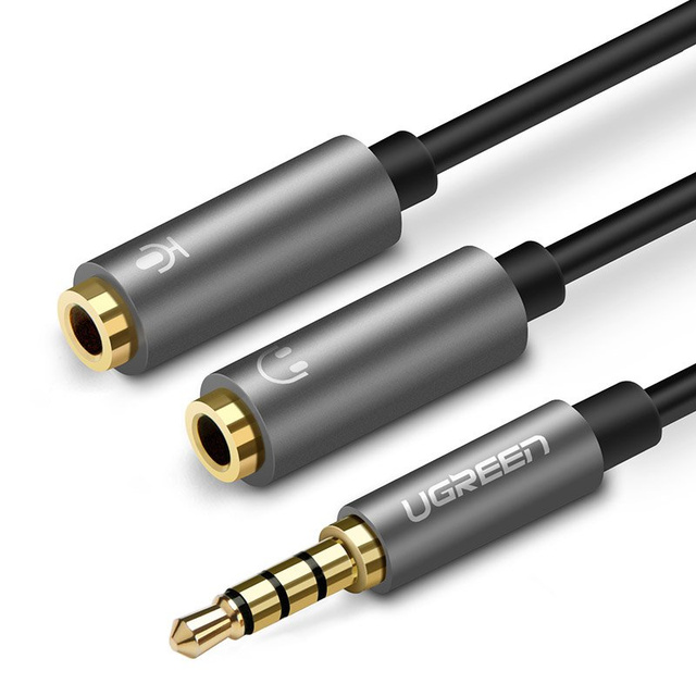 Rozdzielacz słuchawkowy 3.5mm mini jack AUX + mikrofon stereo 20cm srebrny