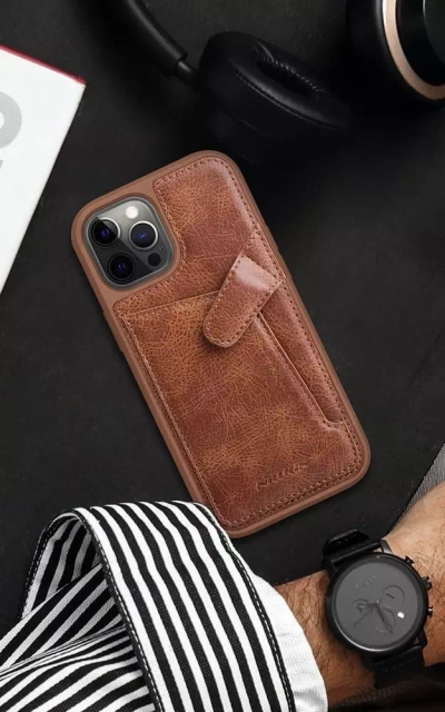 Nillkin Aoge Leather Case elastyczne pancerne etui z prawdziwej skóry z kieszonką iPhone 12 mini czarny