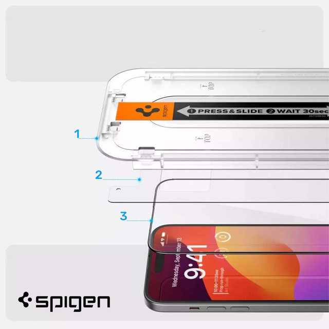 Szkło hartowane do iPhone 15 Plus / 16 Plus Spigen Glas.TR "EZ FIT" przezroczyste z czarną ramką na ekran telefonu