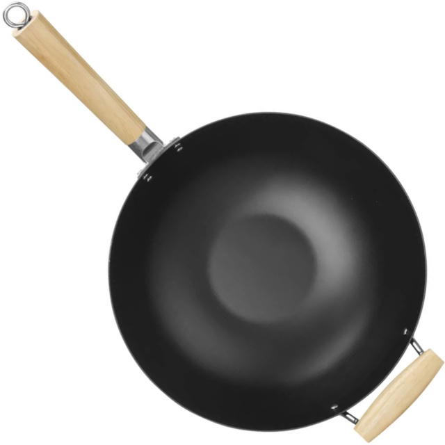 Wok ze stali węglowej z drewnianymi uchwytami śr. 324 mm