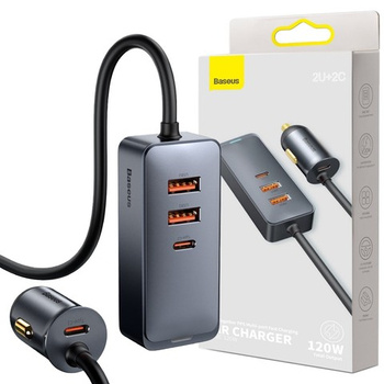 Ładowarka samochodowa Baseus Share z przedłużaczem 2x USB 2x USB-C 120W Szara