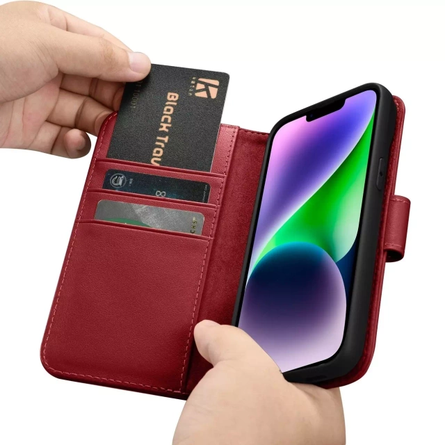 2w1 etui skórzany pokrowiec z klapką iPhone 14 Plus Anti-RFID Wallet Case czerwony