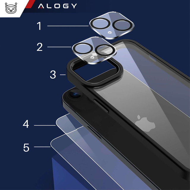 Etui Case do iPhone 14 Plus + zestaw 4 szkieł 5w1 pancerne 360 Alogy Hybrid 2x Szkło na ekran +2x obiektyw czarno-przezroczyste