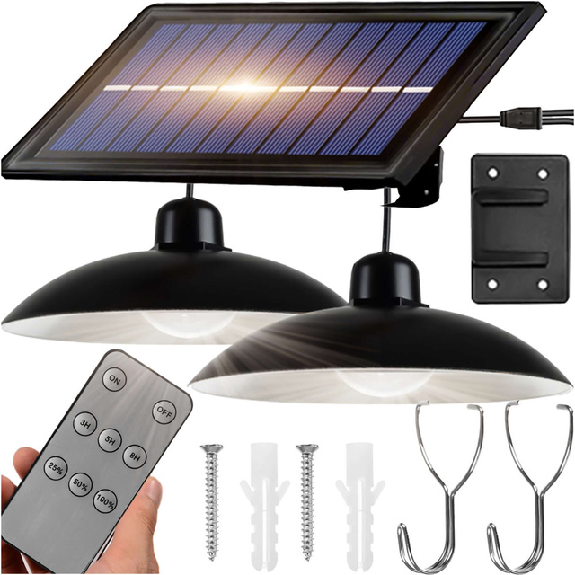 Lampa solarna LED wisząca zestaw 2x Żyrandol Panel solarny Pilot do ogrodu 80W ogrodowa uliczna zewnętrzna czarna