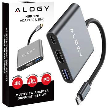 Adapter przejściówka HUB 3w1 USB-C na HDMI USB-A USB-C 4K 60Hz Alogy szary