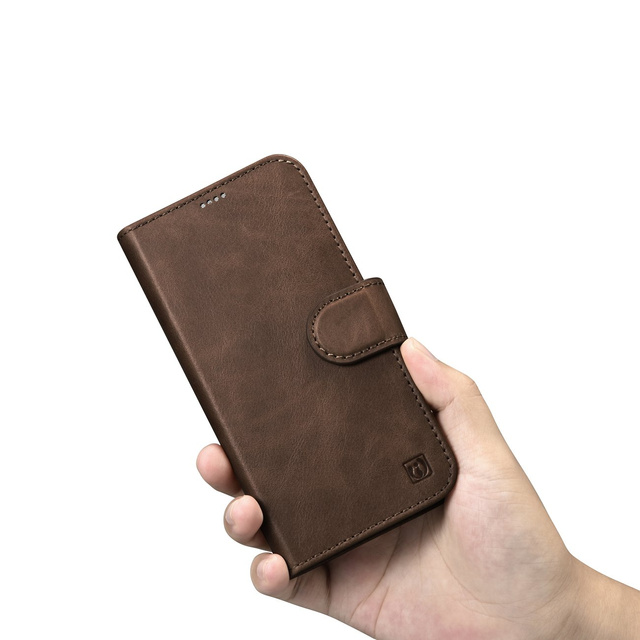 2w1 etui skórzany pokrowiec z klapką iPhone 14 Pro Max Anti-RFID Oil Wax Wallet Case ciemno-brązowy