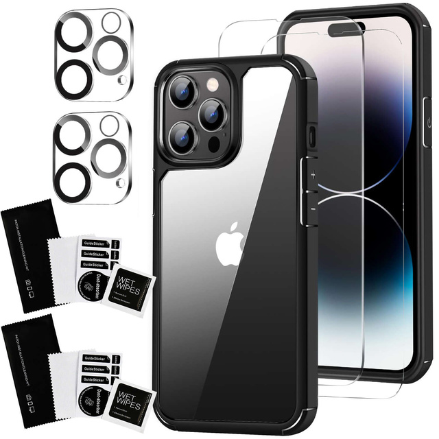 Etui Case do iPhone 14 Pro Max + zestaw 4 szkieł 5w1 pancerne 360 Alogy Hybrid 2x Szkło na ekran +2x obiektyw czarno-przezroczyste