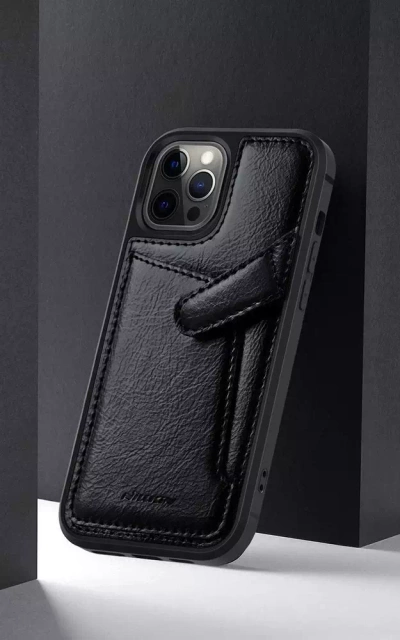 Nillkin Aoge Leather Case elastyczne pancerne etui z prawdziwej skóry z kieszonką iPhone 12 mini czarny