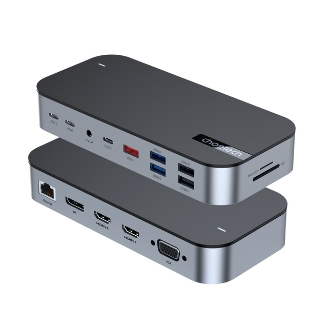 HUB Adapter M52 USB-C USB-A hdmi vga dp sd tf RJ45 aux PD szary