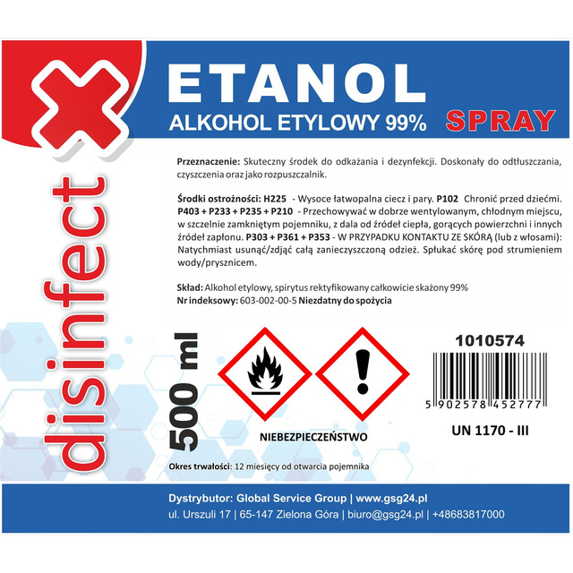 ETANOL - Alkohol etylowy skażony DISINFECT 99% spray 500ml