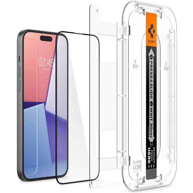 Szkło hartowane do iPhone 15 Plus / 16 Plus Spigen Glas.TR "EZ FIT" przezroczyste z czarną ramką na ekran telefonu