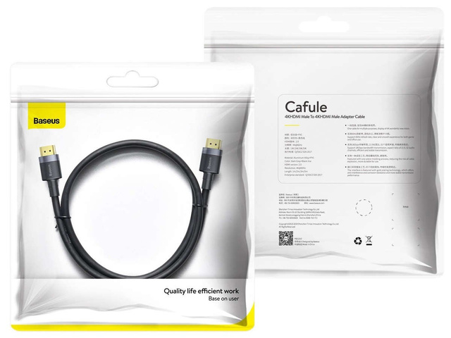 Kabel HDMI- HDMI 2.0 Baseus Cafule 4K FULL HD 3D 2m Czarno-szary